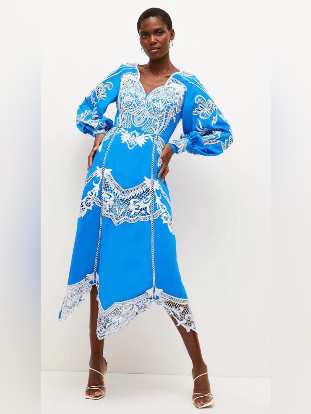 Karen Millen Blue Dress with White Embroidered Pattern